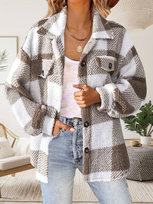 womens autumn winter new plush jacket versatile button up plush long sleeve coat womens clothing