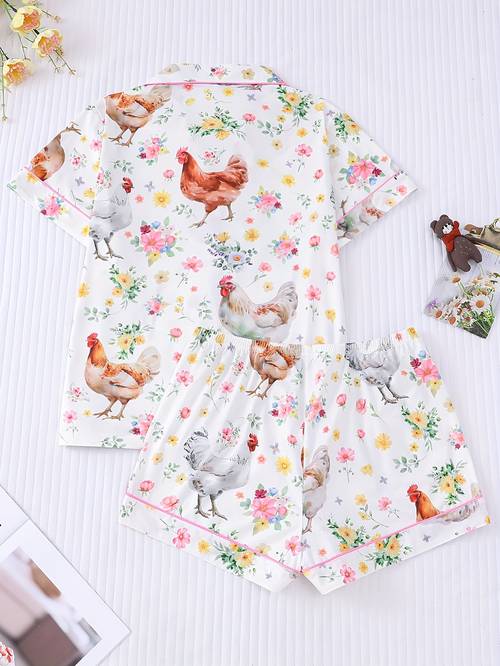 two piece womens sleepwear set knitted fabric short sleeved button top matching shorts full body animal print sleepwear set collar and pocket details suitable for womens adult sleepwear set