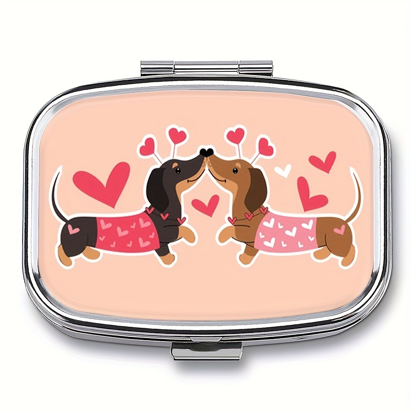 1pc Doxie Dog Dachshund Dogs Kiss Heart Pill Box,mini Pill Box,2 Compartment Pill Box Organizer,household Portable Medicine Storage Box,for Pockets Purses Travel