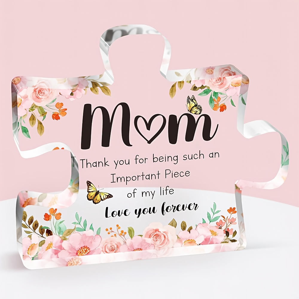 TEMU 2d Flat Collectible Figurines, Mom Puzzle Piece Acrylic Desk Decor - Mother's Day Gift From Daughter Son, Floral Acrylic Plaque, Thank You Mom
