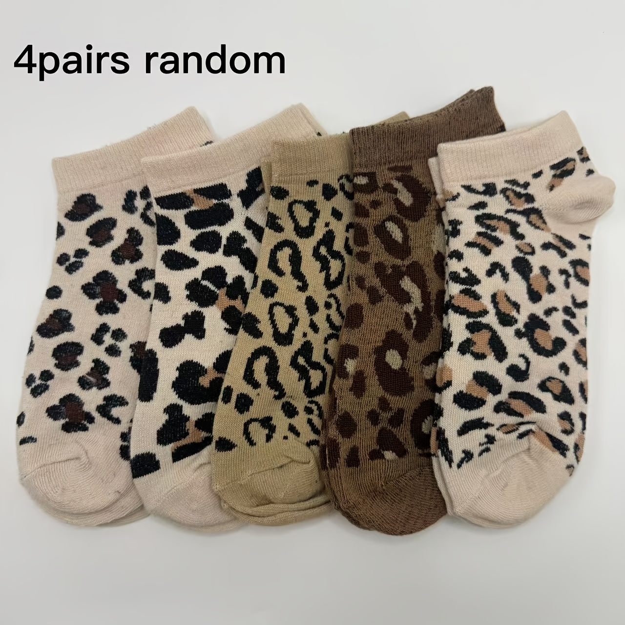 TEMU 4 Pairs Random Women's Socks For Spring And Summer, Leopard Print Ankle Socks For Summer, Stylish And Versatile, Suitable For Daily Casual Wear