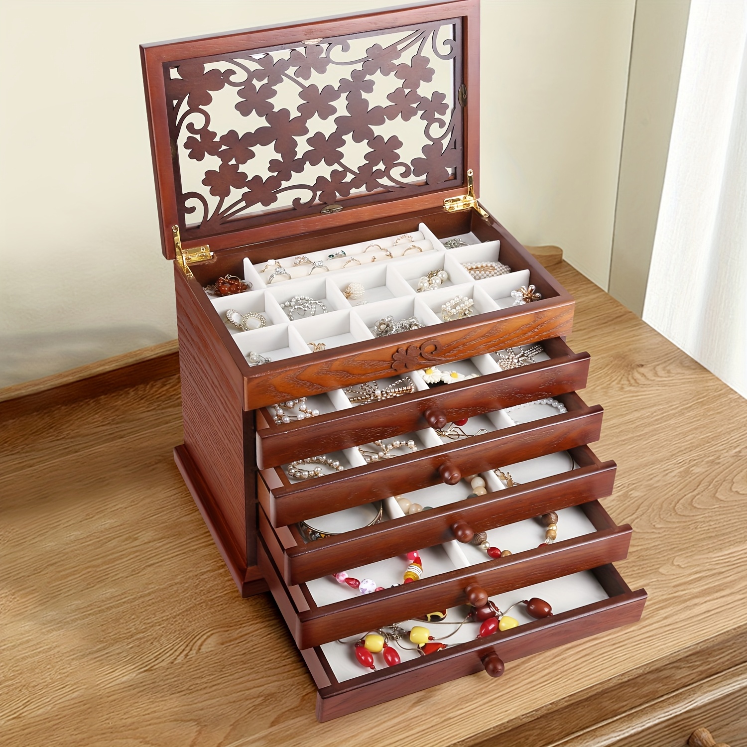 leaf pattern wooden jewelry box for women   jewelry organizer for rings necklaces bracelets ideal for mothers day gifts Product details 4