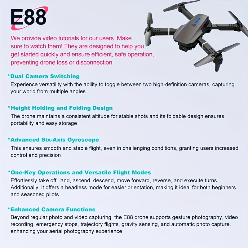 Drone Profesional E88PRO de 2025: Mejor Vendedor, Acrobacias 360°, Diseño Plegable Portátil, Operación Fácil con Transmisión de Imágenes por APP y Despegue con Un Toque, Flotabilidad Óptica – Ideal para Principiantes y Regalos de Vacaciones