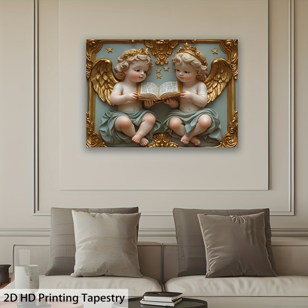 Elegant Angel Statue Tapestry With Serene Cherubic Reading Figures_voghion.com