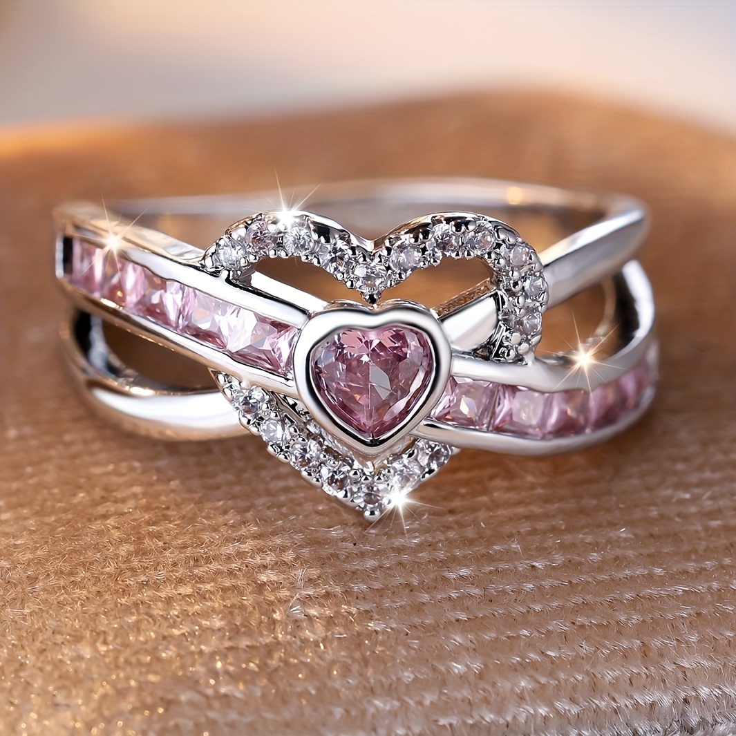 TEMU Angol Women's Classic Luxury Elegant Heart-shaped Synthetic Synthetic Zirconia Inlaid Ring, Exquisite Jewelry For Personal Wear