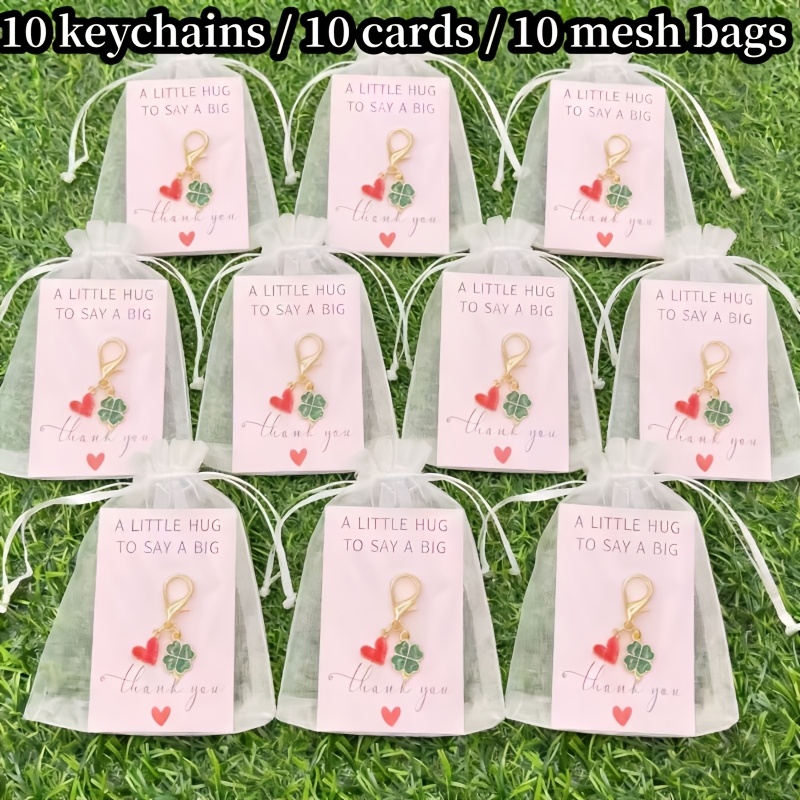 TEMU 30pcs Keychain Set - Drop Red Heart, Clover Pendant, Bag And Car Key Charm Additions, Business Gift Bag (10 Keychains + 10 Cards + 10 Sandbags)