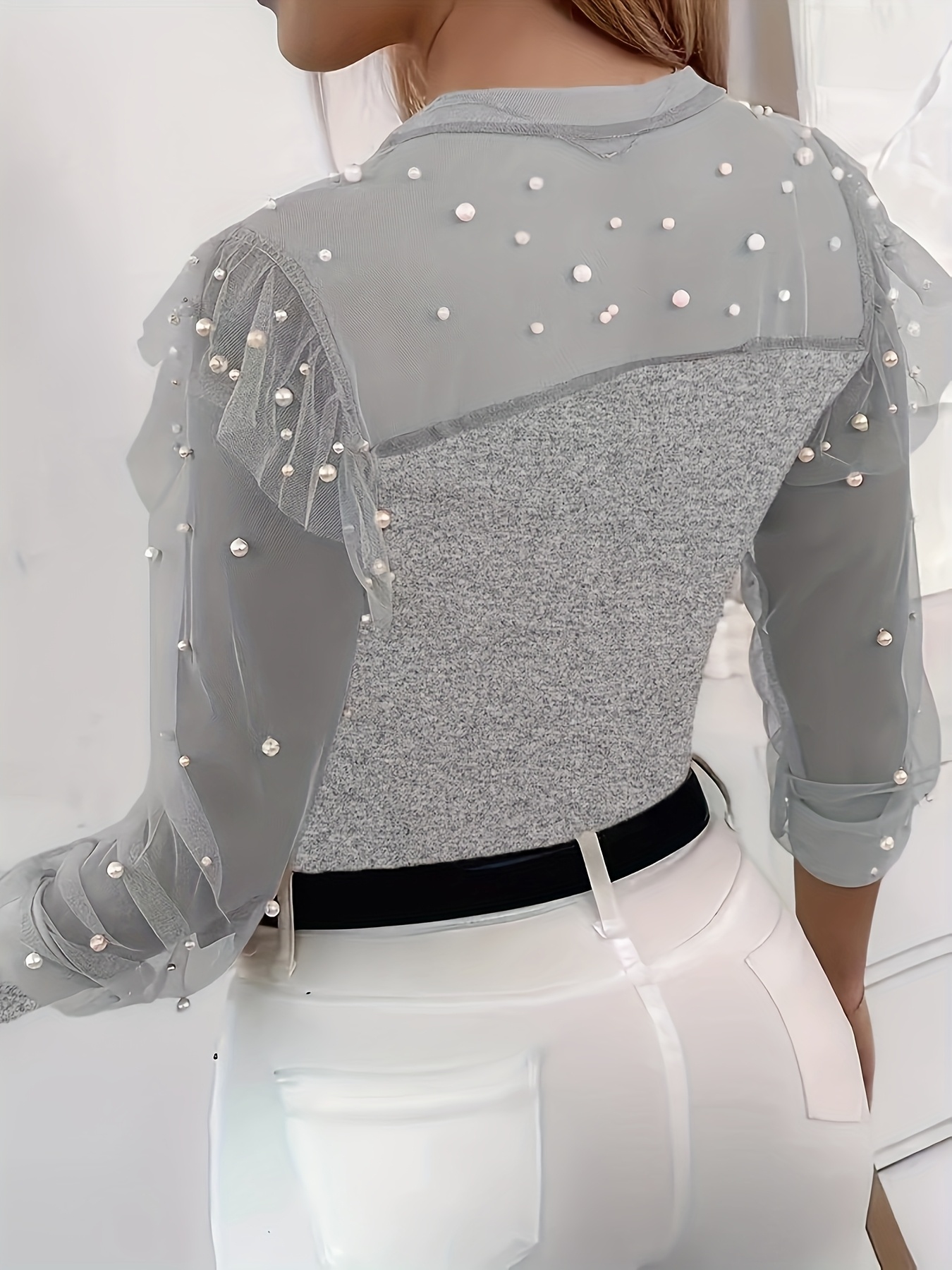 Top patchwork a rete con perline, T-shirt casual da donna a maniche lunghe