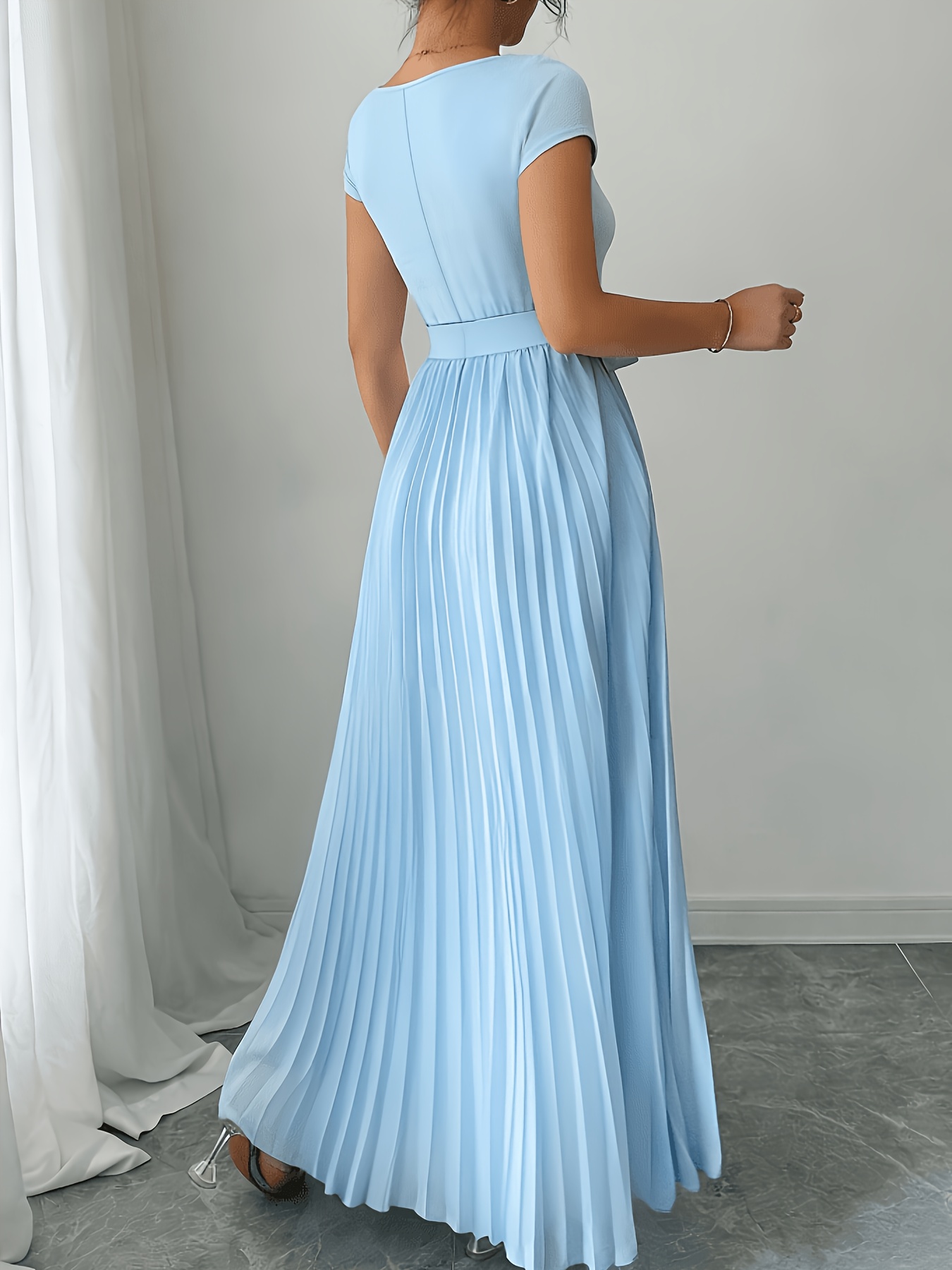 elegant solid color v neck sleeveless belted pleated - Temu Mauritius