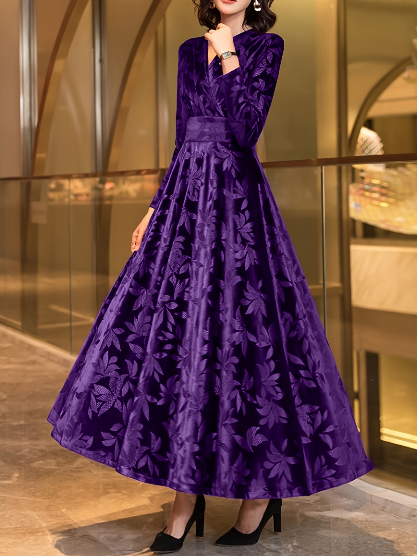 elegant purple velvet floral embossed maxi skirt high waist Temu