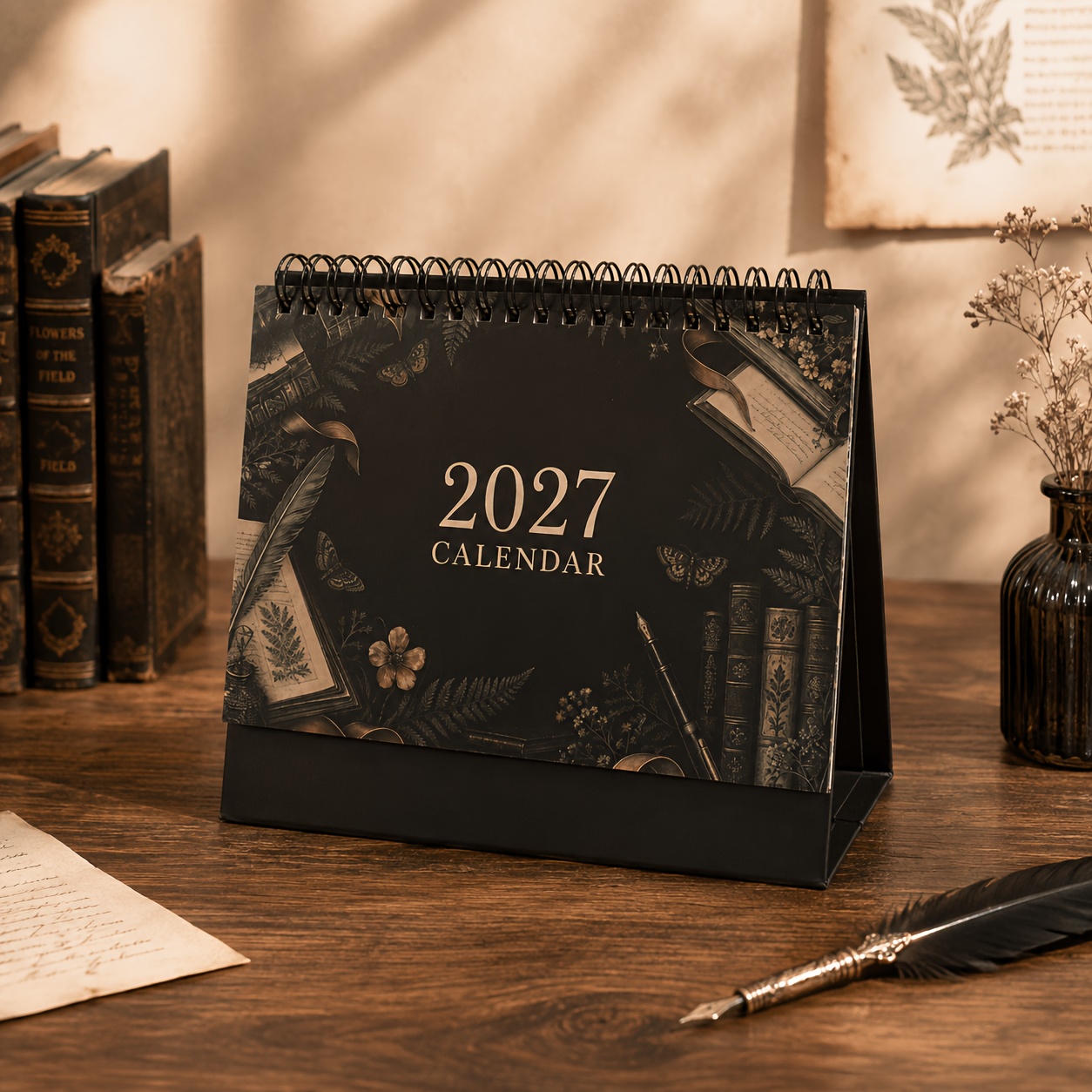 TEMU 1pc 2027 Exquisite Pattern Desktop Calendar, Various Floral Designs Creative Calendar Fashionable Desktop Notebook Spiral Bound Stable Stand,