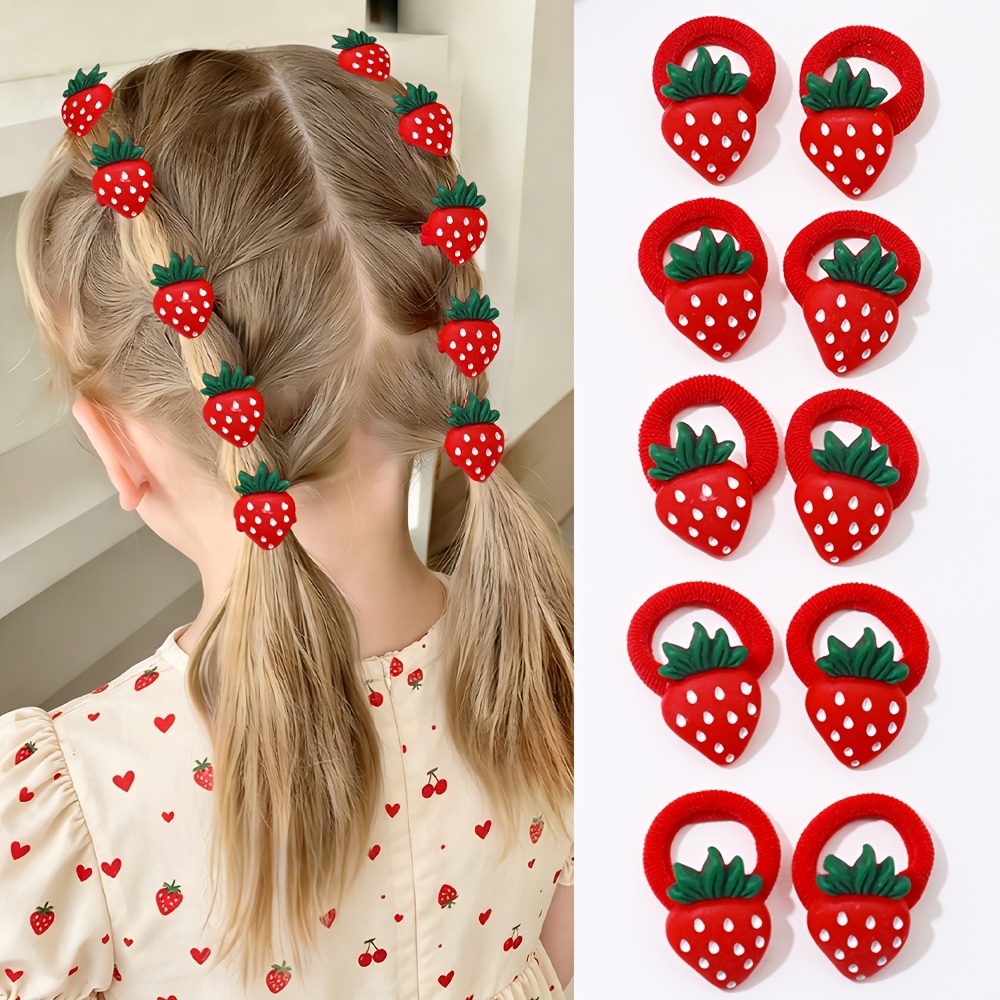 10pcs Set Of Cute Red Hair Ties For Girls, Sweet Elastic Hair Bands With Patterned Decorative Elements, Accessories For Girls' Daily And