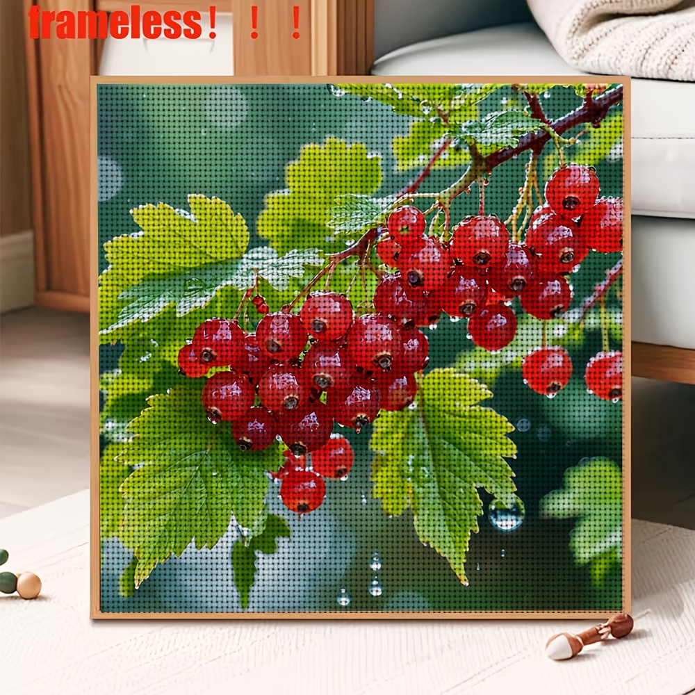 Red Fruit Green Leaf Water Droplet Pattern Cross Stitch Kit