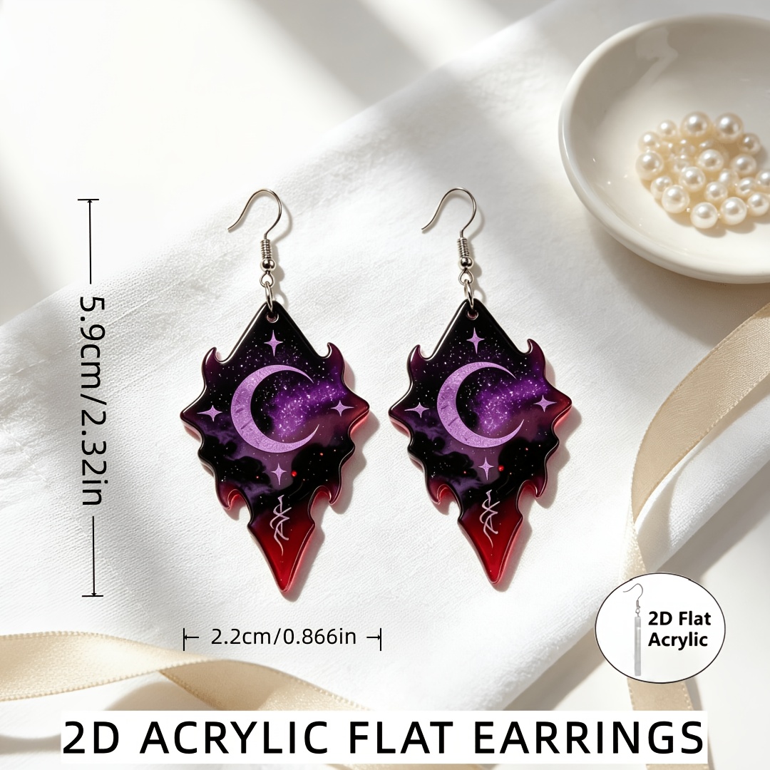 Gothic Crescent Moon & Star Dangle Earrings, Purple Galaxy