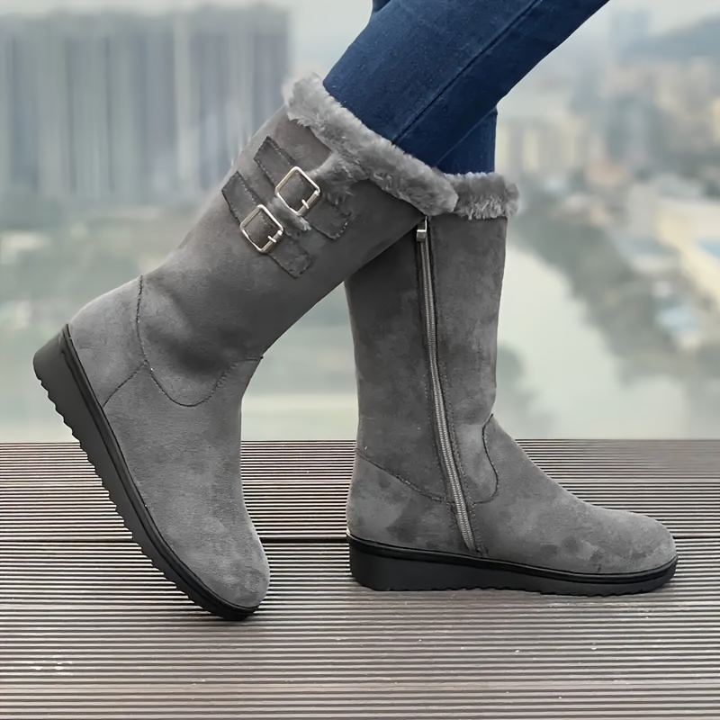 Botas peludas de color   para mujer, plataforma de     con cremallera lateral, botas cálidas forradas con   antideslizante para   de invierno