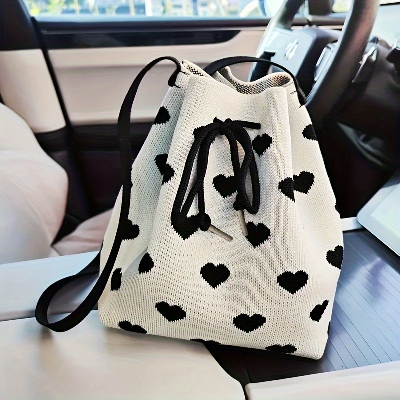 

Cute Heart Patterned Bucket Bag, Sweet Drawstring Crossbody Bag, Elegant All-match Handbag For Women