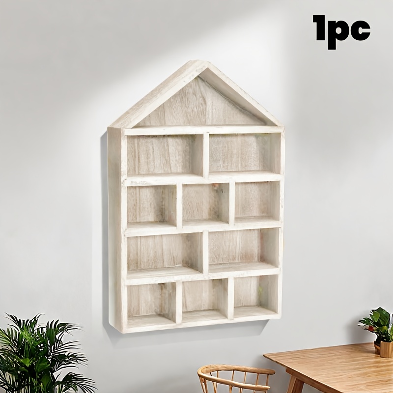 TEMU Vintage Wooden House-shaped Wall-mounted Display Shelf For Miniatures And Trinkets With Multi-compartment - Handcrafted Decorative Hanging