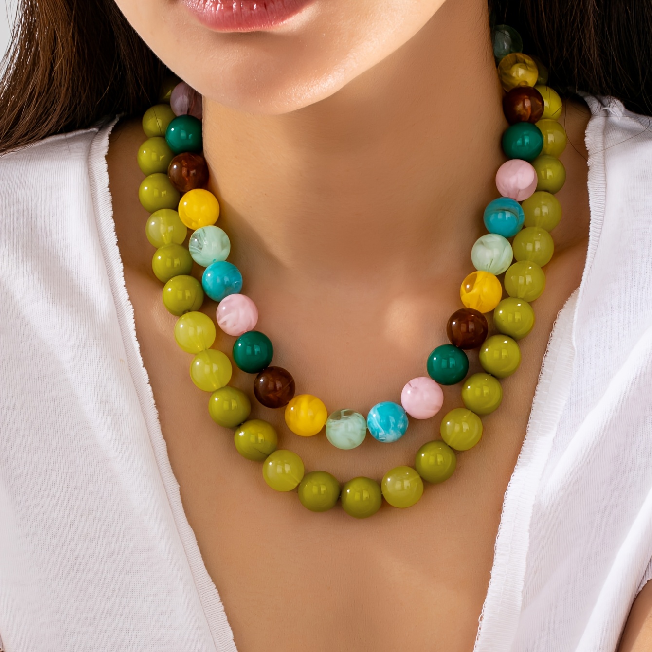 Layered Mixed Color Resin Ball Beaded Necklace Set