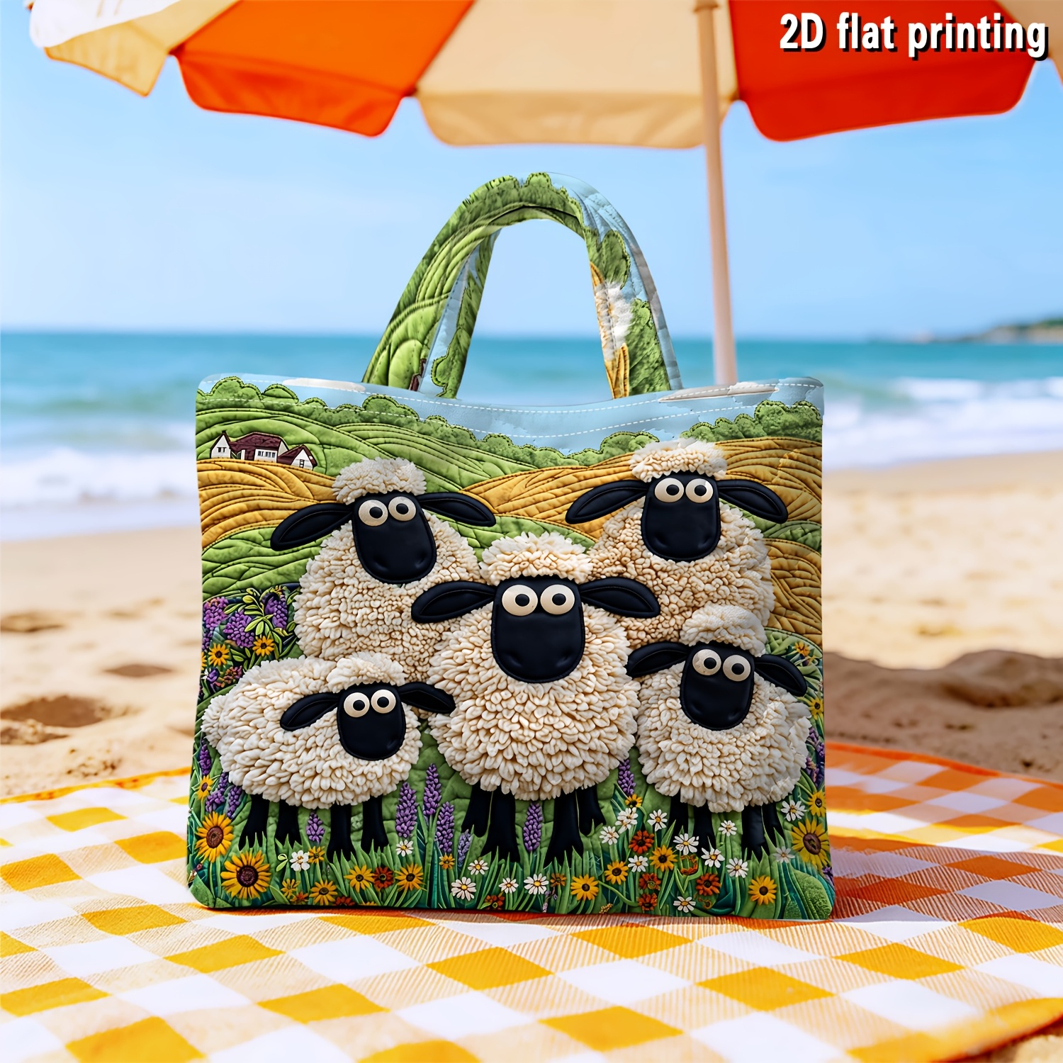 TEMU 1pc Cute Lamb Living Room Pattern Quilted Printed Tote Bag, Women's Summer Handbag, Large Capacity Soft Shoulder Bag, Reusable, Durable,