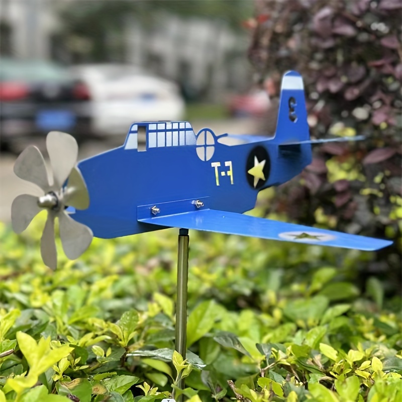 

1pc Blue Vintage Airplane Weathervane, Metallic Wind Spinner Pinwheel, Garden Windmill For Outdoor Yard Lawn Decor, Durable Metal Construction