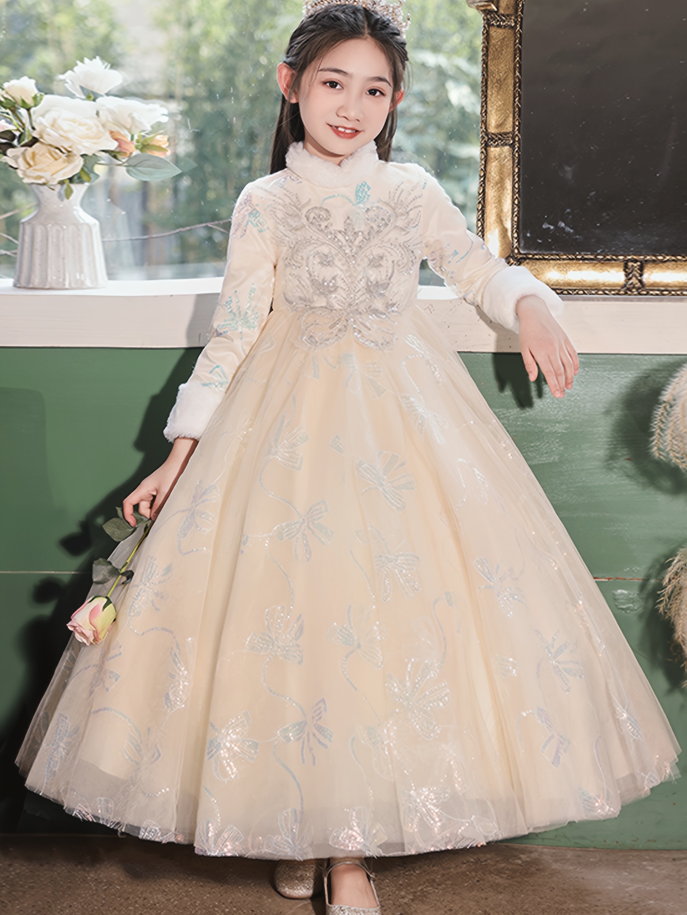 red dress with long sleeves Petal & Pup Women's Keani Long Sleeve Lace Gown - Red