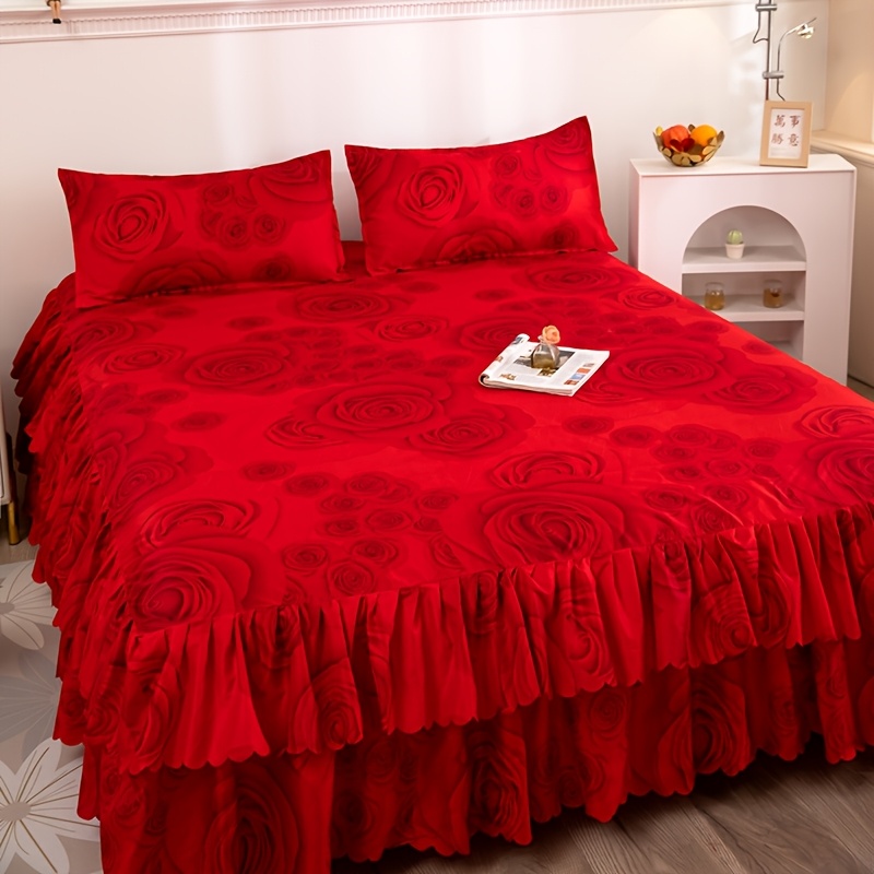 TEMU Set Of 3 (1 Bed Skirt And 2 Pillowcases) Featuring A Double-layered Hem, With A Plant And . Includes A Dust-proof Hem, Bed Sheet, Bed Cover, And Mattress Protector, All Machine Washable