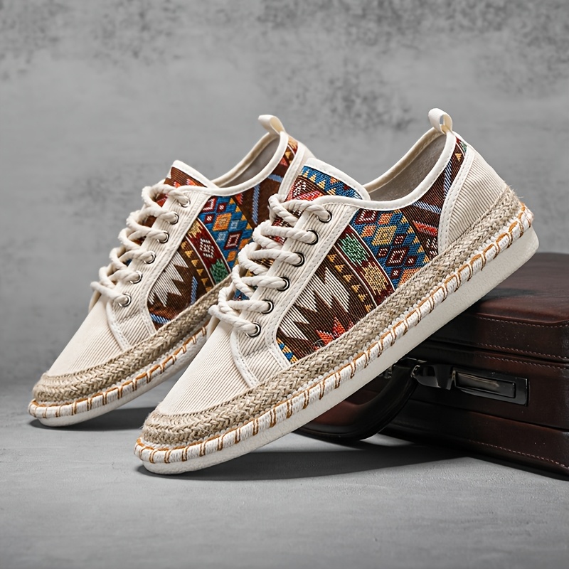 TEMU Nouveaux Chaussures de Sport Décontractées Tissées à Imprimé Géométrique Tribal pour Hommes, Baskets en Toile de Style Bohème Légères et