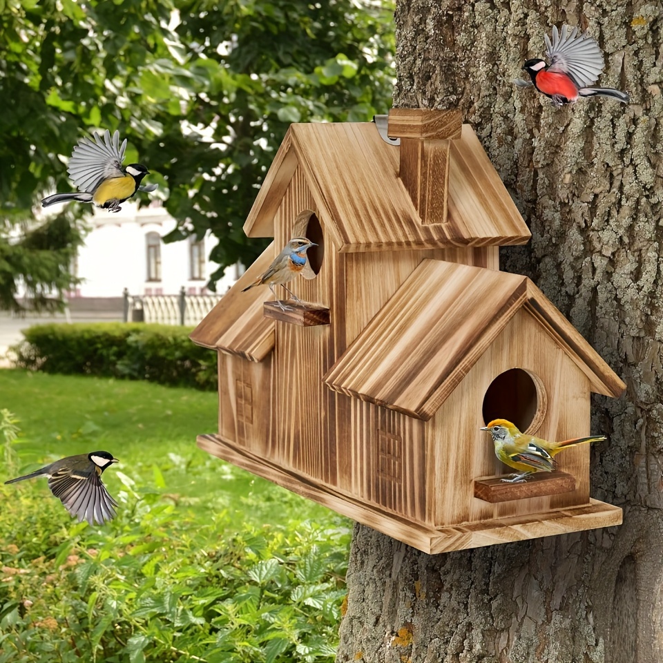 

Traditional Wooden Birdhouse For Outdoor Garden - 3-hole Hanging Nest For Bluebirds, Finches & - Hummingbird Feeder And Shelter