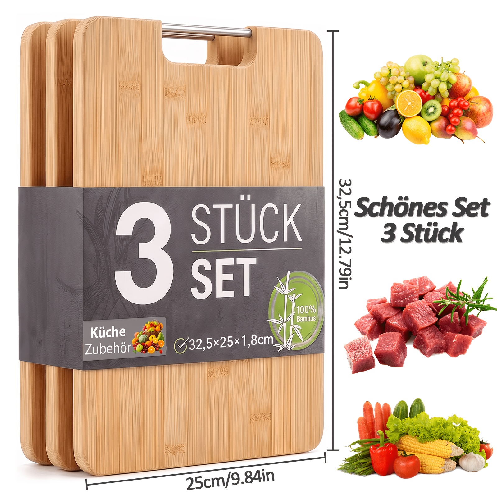 Image of 3pcs Bamboo Cutting Board Set, 1.8cm Thickened Design, Built-in Handle, Durable Construction, Easy To Clean, Bamboo Chopping Board, Suitable For Meat, Vegetables And Fruits