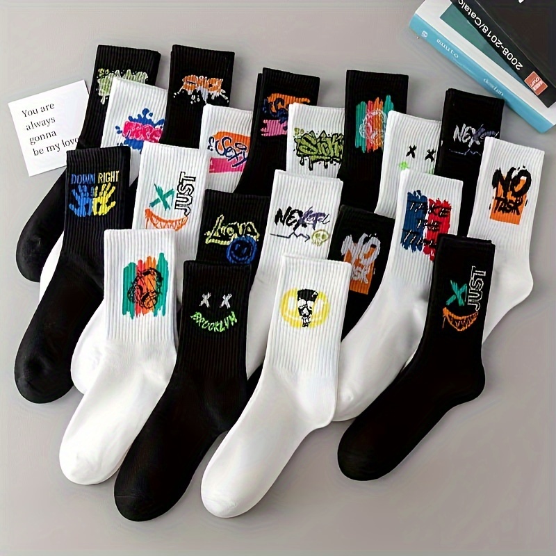 

Couple's Knee-length Polyester Socks 5-pack, Hand Washable, Cartoon Graffiti Pattern - 100% Polyester Knit Fabric Unisex Sports Mid-calf Socks