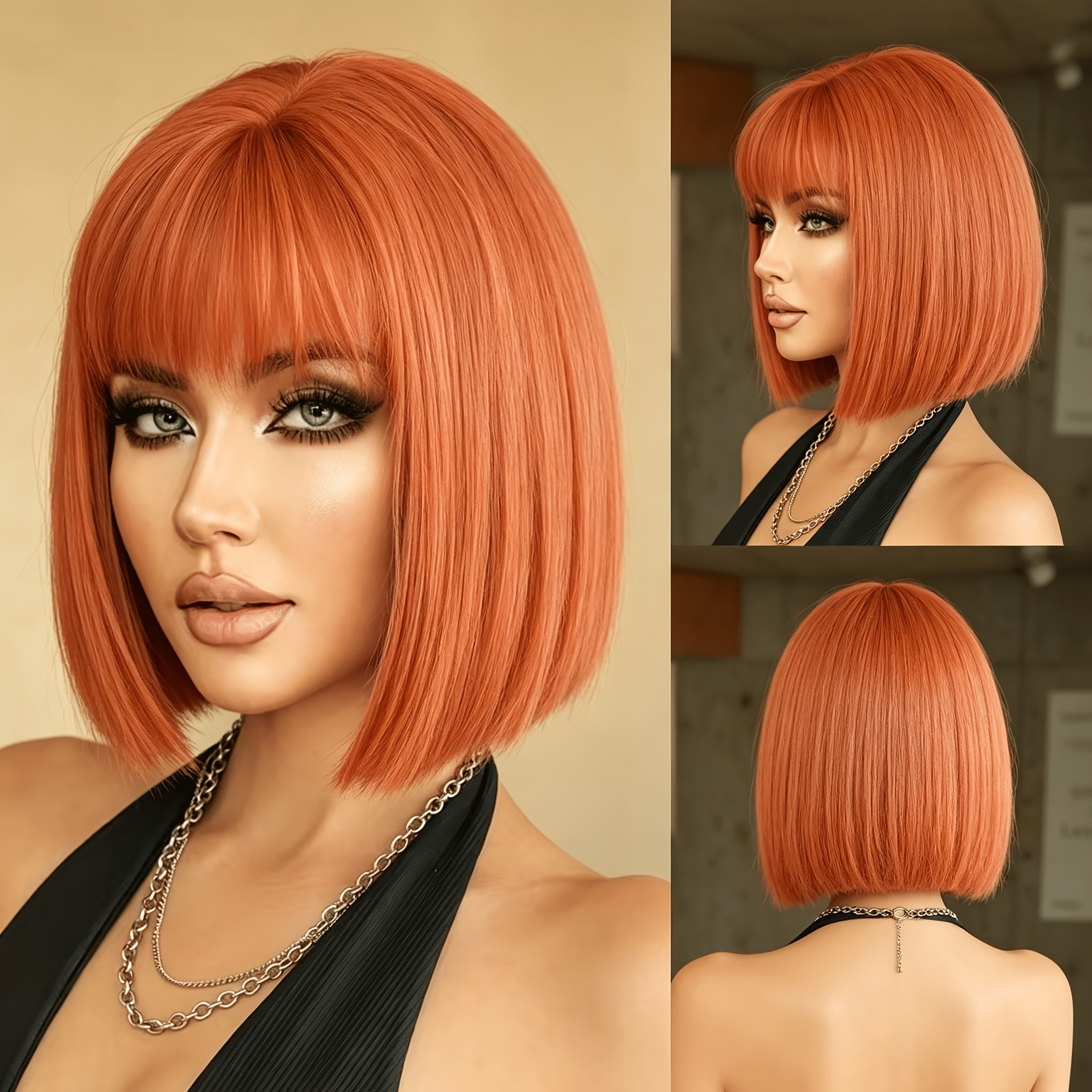 TEMU Perruque Bob Court Orange Vif, 14 Pouces 35 Cm, Couverture Complète Frange Droite Cheveux Synthétiques Droits, Perruque Lisse Anti-Frisottis