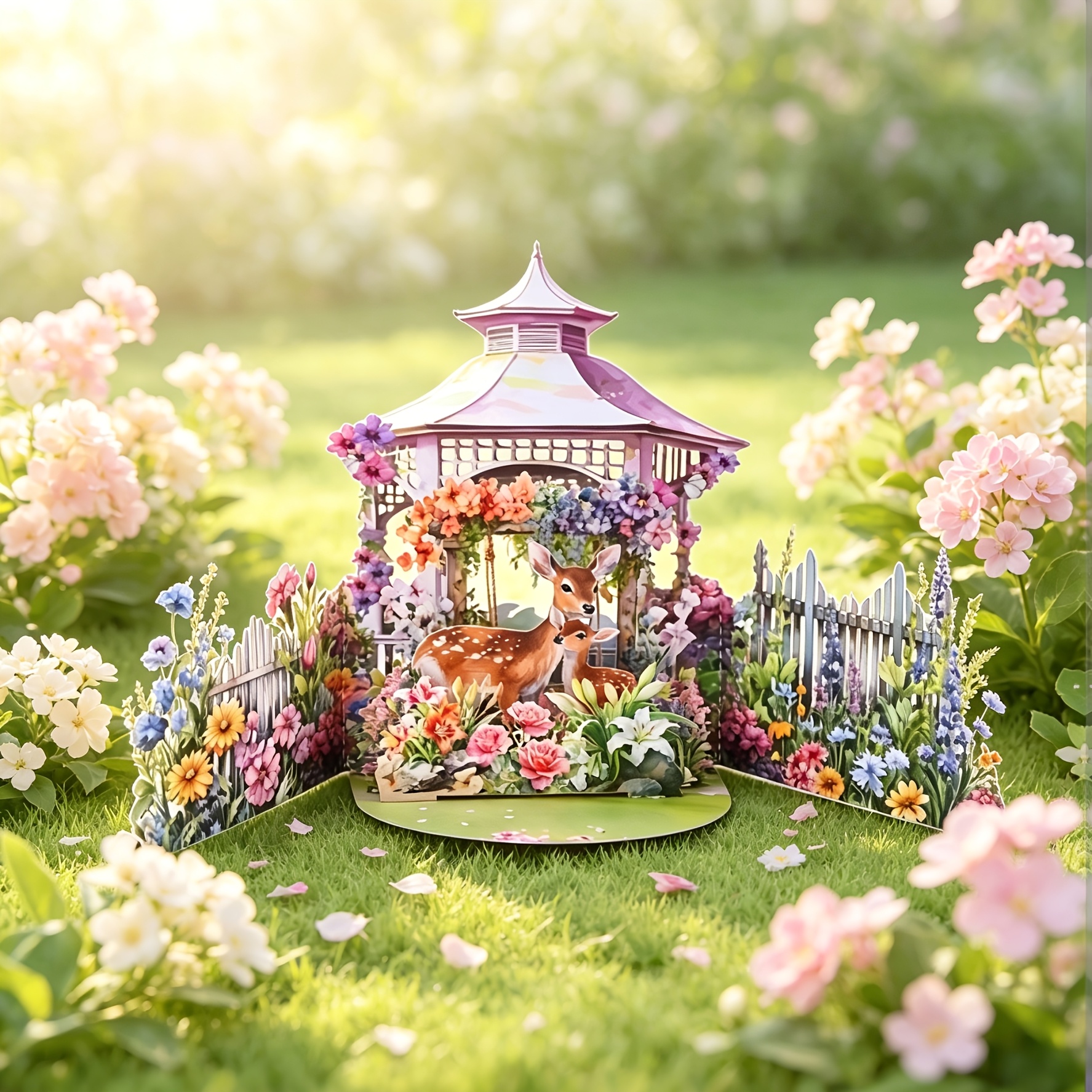 TEMU Handmade 3d Pop-up Card With Deer Family & Fence - Suitable For Weddings, Mother's Day, Birthdays, Thank You Gifts - Floral Paper Craft Card For