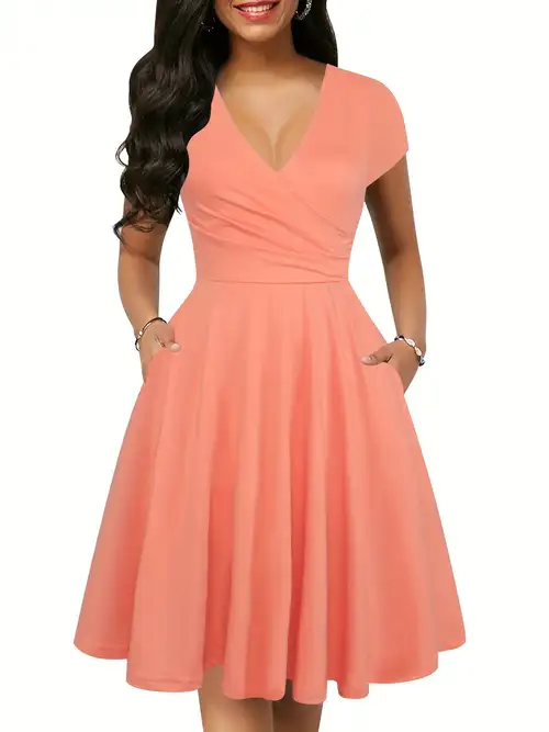 European And American * Trade Cross-Border Women'S Clothing Classic Targeted Style Solid Color Cap Sleeve V-Neck Retro Elegant * Large Swing Knee-Length Dress with Pockets European And American * Trade Cross-Border Women'S Clothing Classic Targeted Style Solid Color Cap Sleeve V-Neck Retro Elegant * Large Swing Knee-Length Dress with Pockets