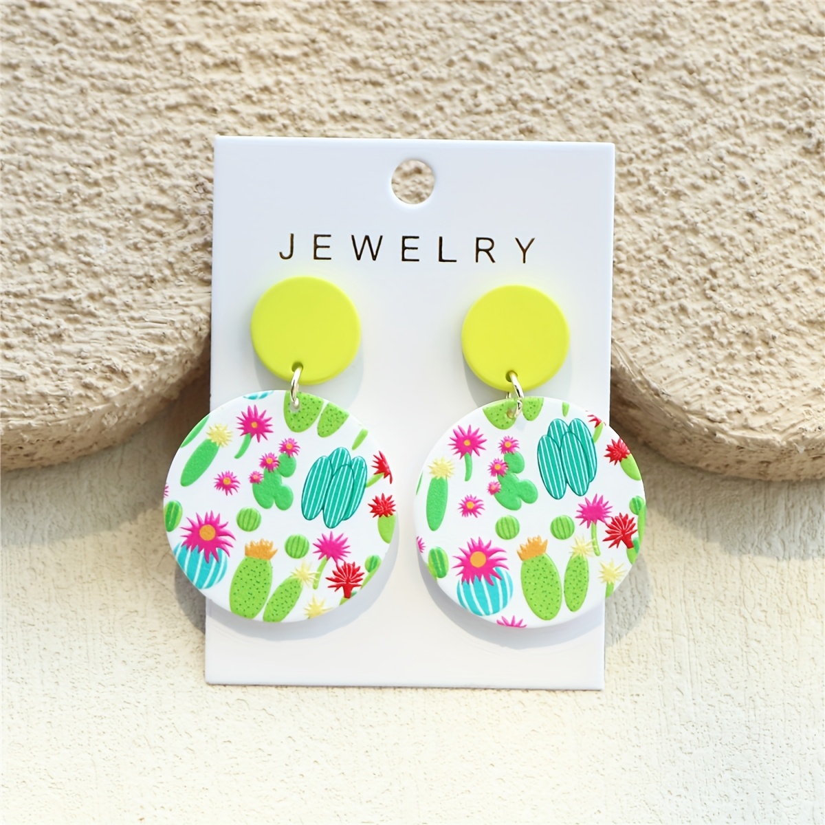 1 Pair Women's Cactus Print Clay Texture Round Acrylic Earrings, Sexy , Stainless Steel Posts, Ideal For & Gifting, Accessory, Quirky Earrings