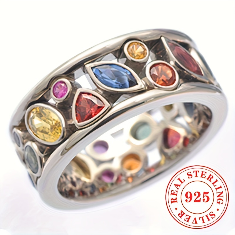 

A Stylish Wide- Ring For Women, Weighing 5.4 Grams, Made Of 925 Sterling Silver With Inlaid Synthetic Zirconia, A Geometric Ring For Women' Casual Vacation Jewelry Gift.