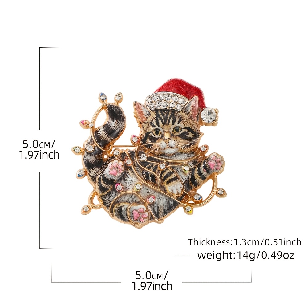 TEMU 1 pièce Broche SOLEVDO originale en émail et strass, épingle de revers chat de Noël pour homme et femme, chaton avec bonnet de Père Noël vintage