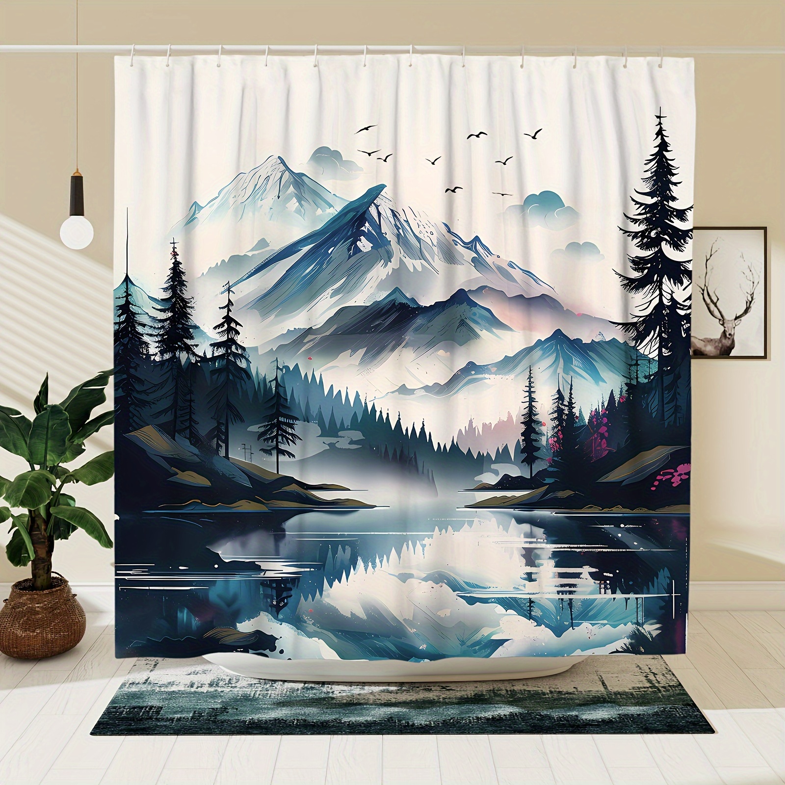 

1pc Mountain Pattern Shower Curtain, Waterproof Bathroom Partition Curtain With Hooks, Decorative Bathroom Shower Curtain, Bathroom Accessories, Home Decor