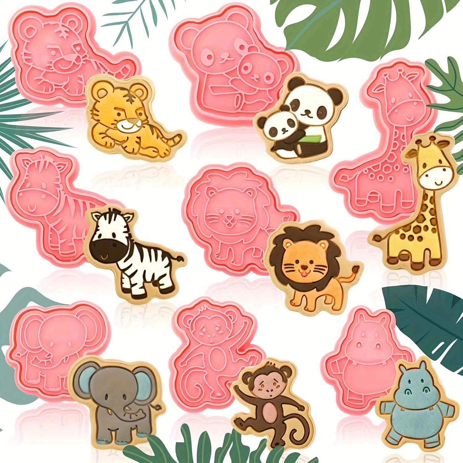 

8pcs Jungle Animal Cookie Cutter Set With Pushers - Food-safe Plastic Biscuit Molds For '