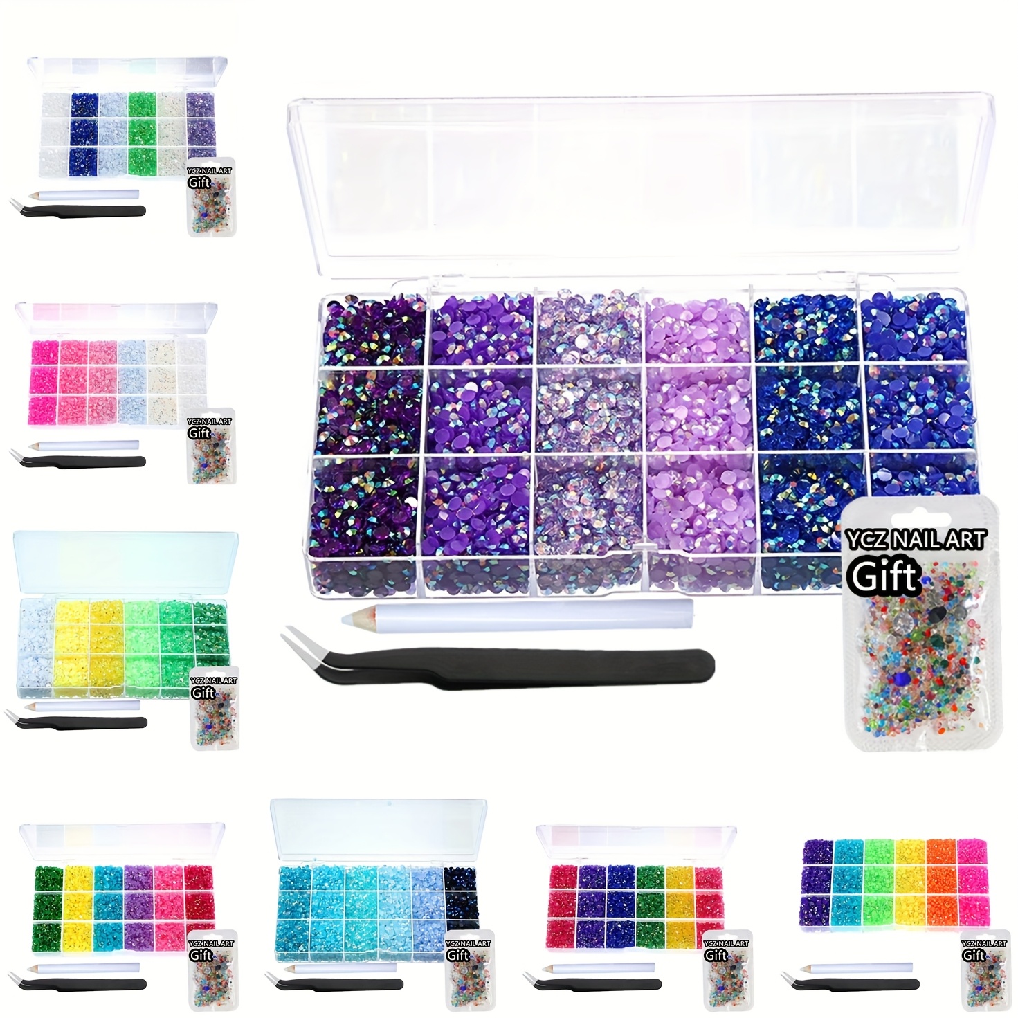 

14500pcs Jelly Kit, 3/4/5mm Strass Ab Resin Transparent Flat Back Rhinestones, 18 Grid Bulk, 17 Color Options For Mug Nail Art Decoration