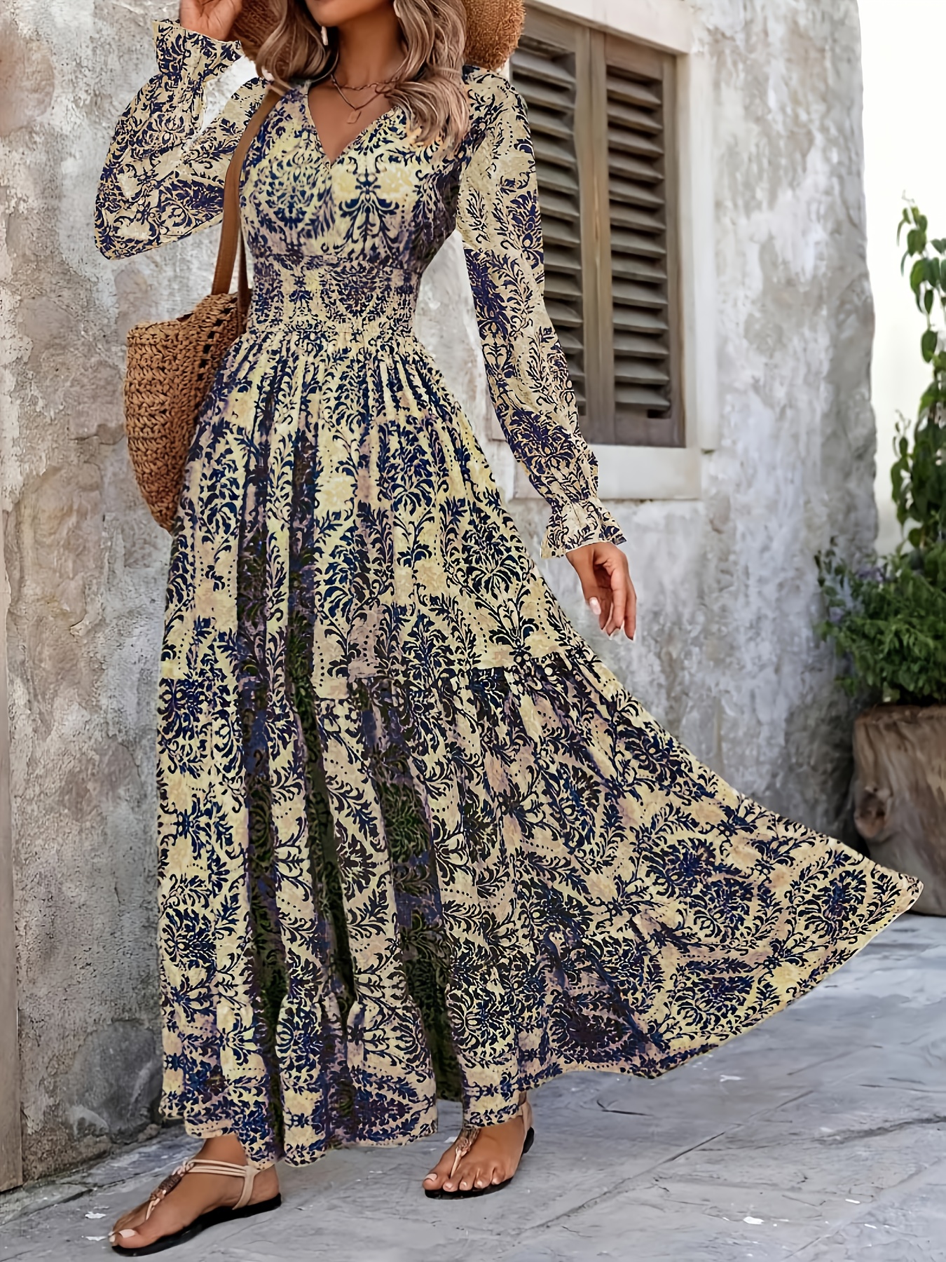 western womens vintage floral v neck long dress long sleeve - Temu Mauritius