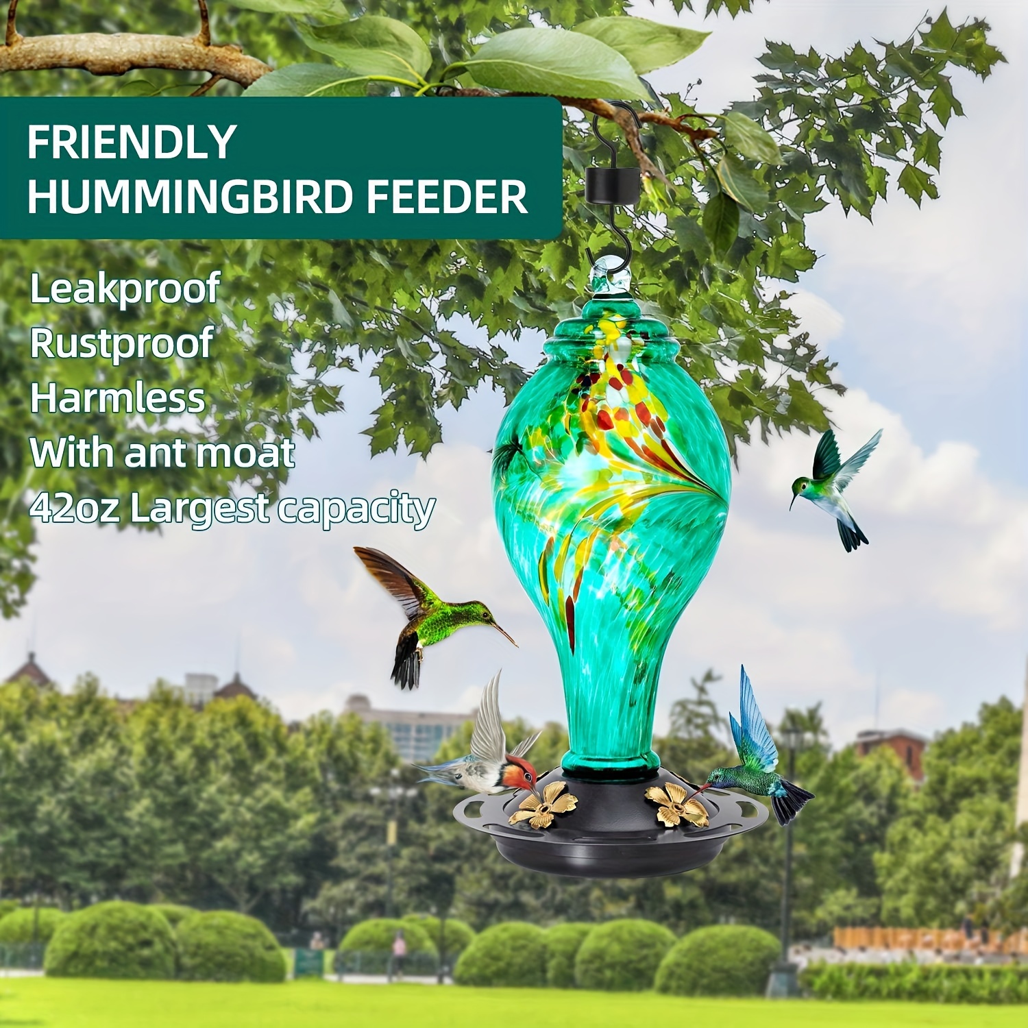 

Hummingbird Feeder For Outdoors Hanging, Large 42 Ounces Hummingbird Capacity Hummingbird Feeders Hand Blown Glass, Humming Wild Bird Feeder Include Moat Hook, Hanging Wires, S-hook