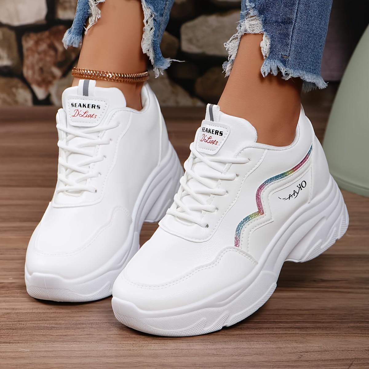 

Women's Solid Color Casual Sneakers, Lace Up Platform Soft Sole Walking Shoes, Glitter Low-top White Shoes