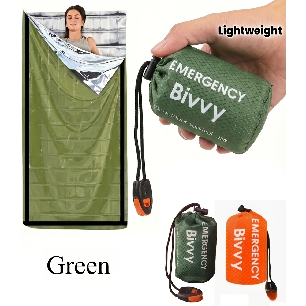 3pcs car emergency sleeping bag set including sleeping bag drawstring bag whistle survival camping bag polyester film insulation emergency blanket lightweight and compact outdoor hiking camping equipment
