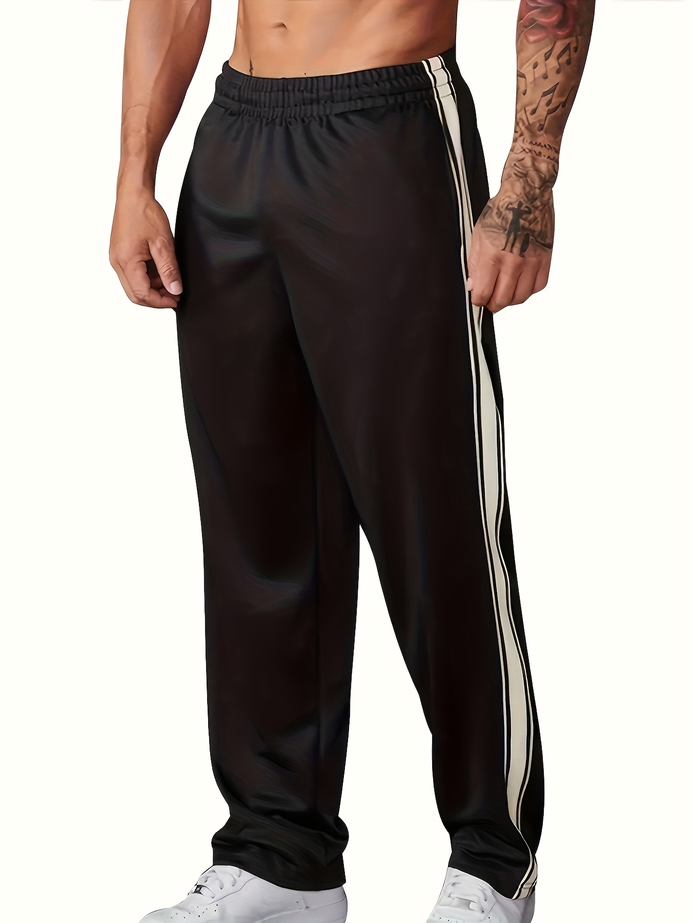 mens retro style running fitness joggers beige casual athletic pants with elastic waistband striped sides and pockets for spring summer fall running joggers striped sides design smooth texture 0