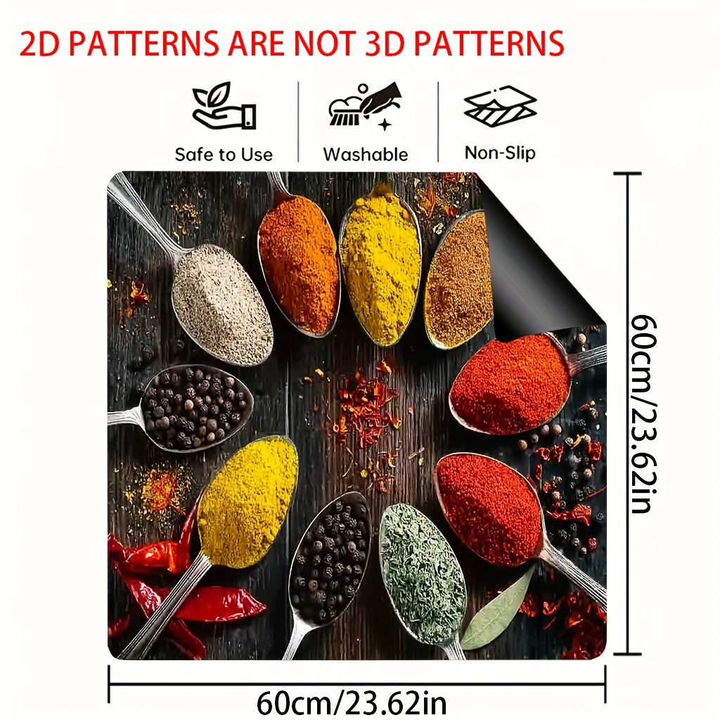 TEMU 1 pièce - Couvercle et Protecteur de Cuisinière à Thème - Motif Cuillère avec , , , Poudre de Curry et Étiquettes - Compatible avec Plaque de