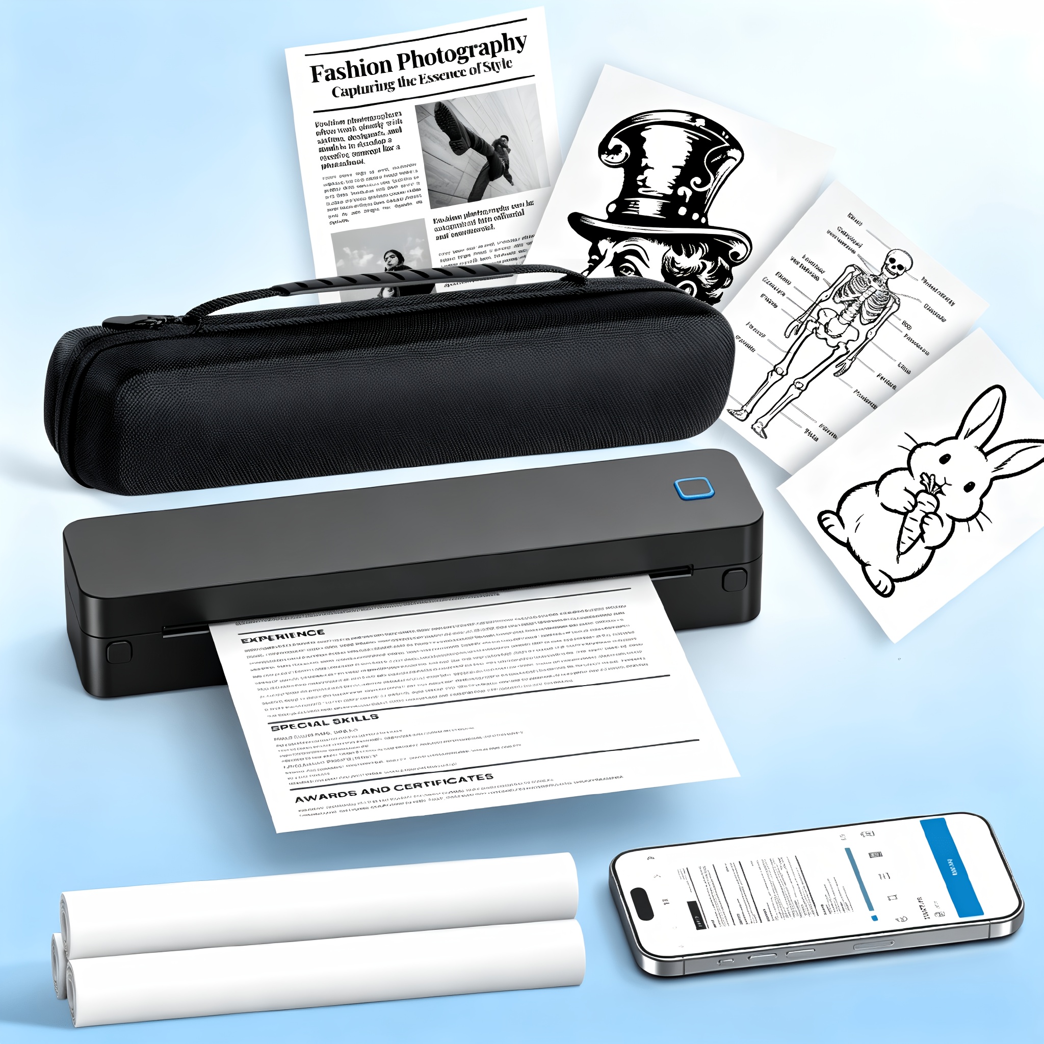D830 Portable Inkless Thermal Printer, For Business/office/home.internal Paper Compartment, Supports 216/210mm Width, Dual Feed, 3 Rolls & Storage Case.