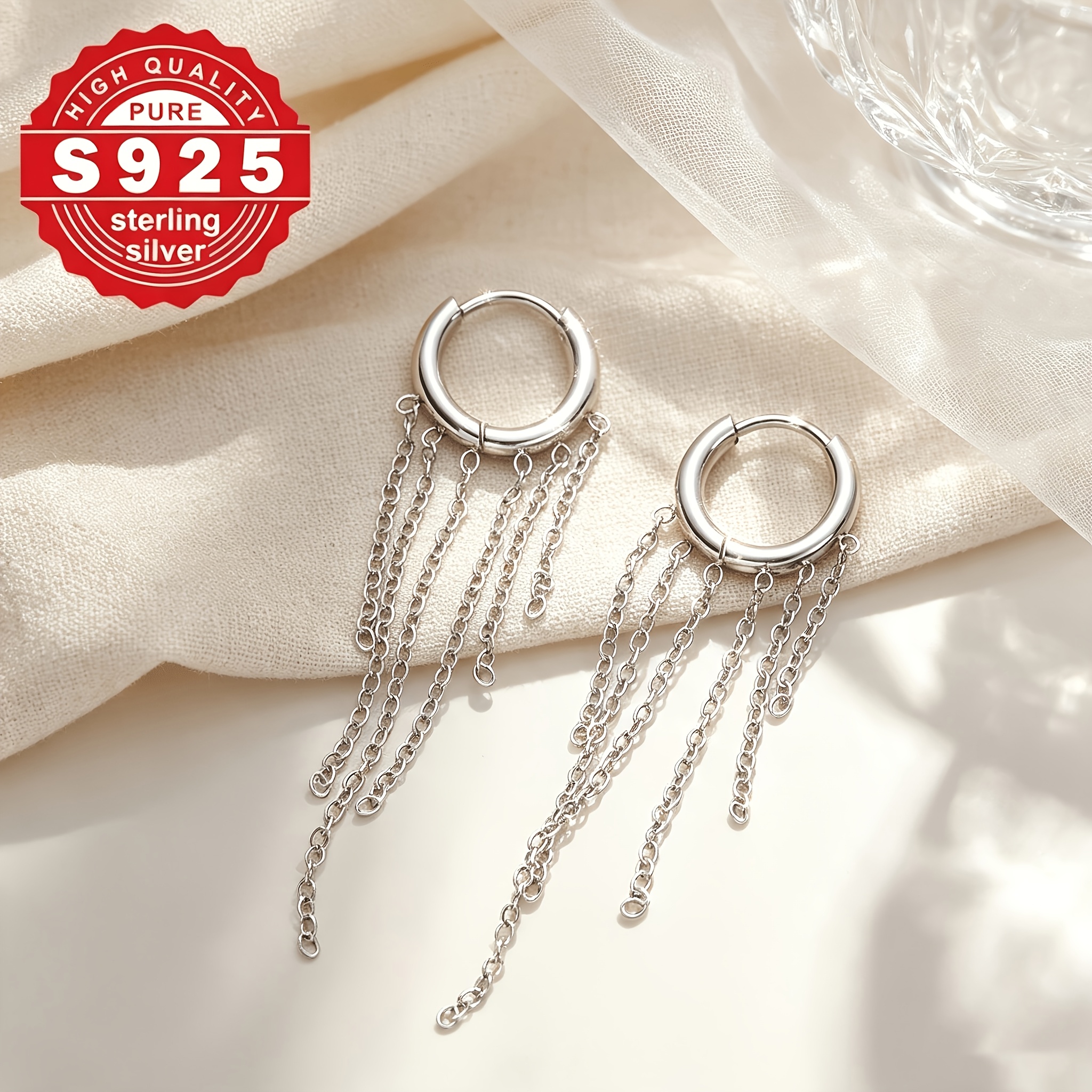 Women's S925 Silver Chain Tassel Design Earrings, Sparkling
