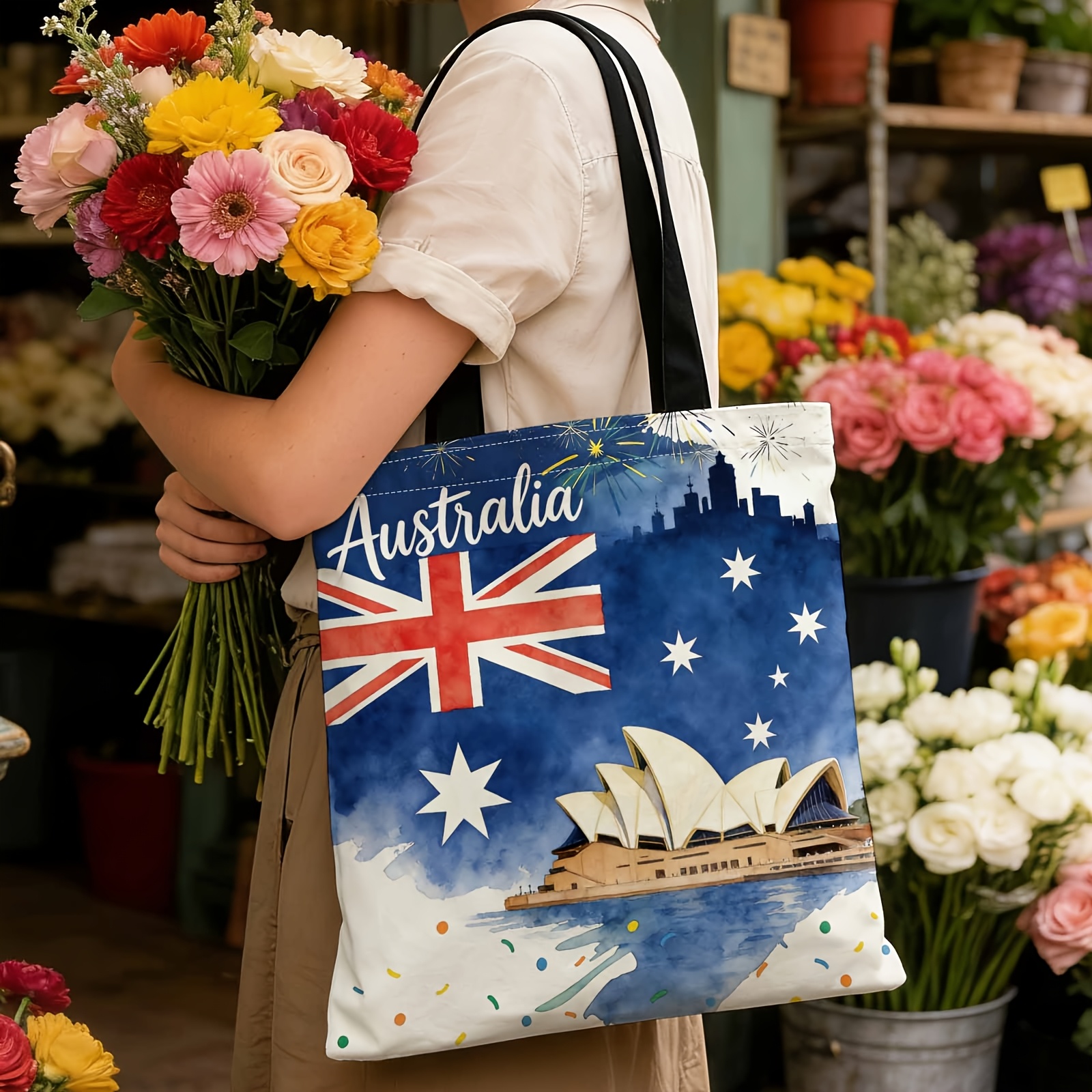 TEMU 1pc Women's Australian-themed Tote Bag Suitable For Daily Commuting, Travel & Beach - Sydney Opera House Print, Reusable Shopping Bag With