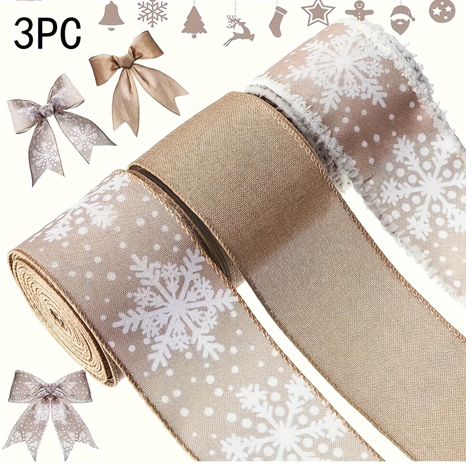 Image of 3 Rolls, Christmas Wired Edge Ribbon, 2.5 Inch Width, Burlap Ribbon, Snowflake Ribbon, Wired Edge Ribbon, Wrapping Diy Craft Bows, Christmas Decorations, Party Supplies ()