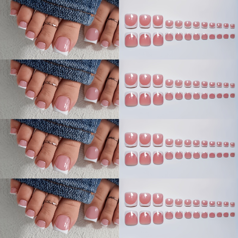 TEMU 48pcs/Sac d'ongles d'orteils français, beauté des ongles des pieds, finition, ongles portables, carrés, courts, surface brillante - Faux ongles