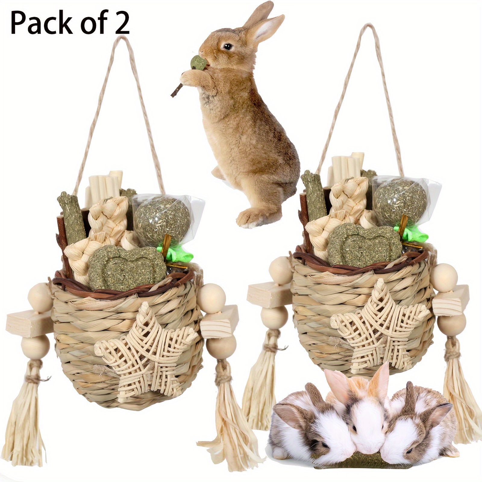 TEMU Rabbit Chew Toys For Teeth, Natural Hay Sticks Basket Pack Of 2